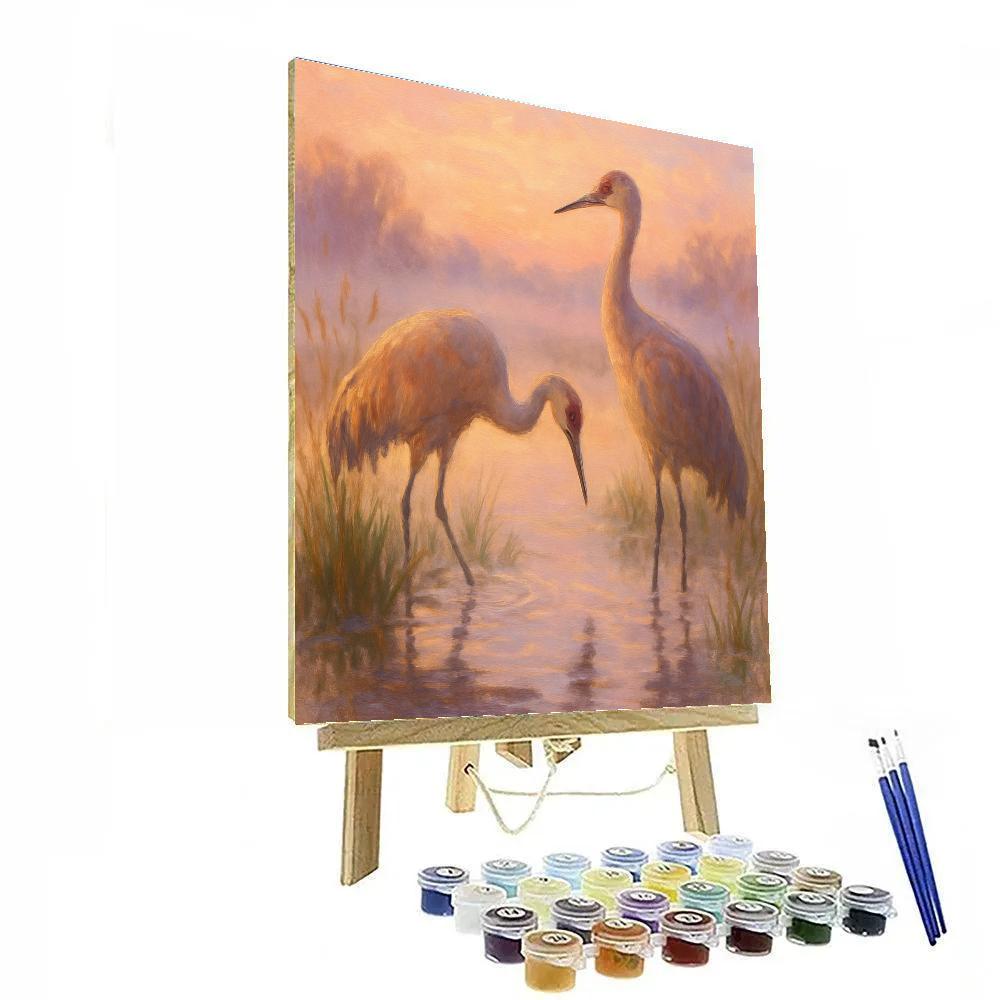 Crane Pair At Peach Dawn Marsh paint by number