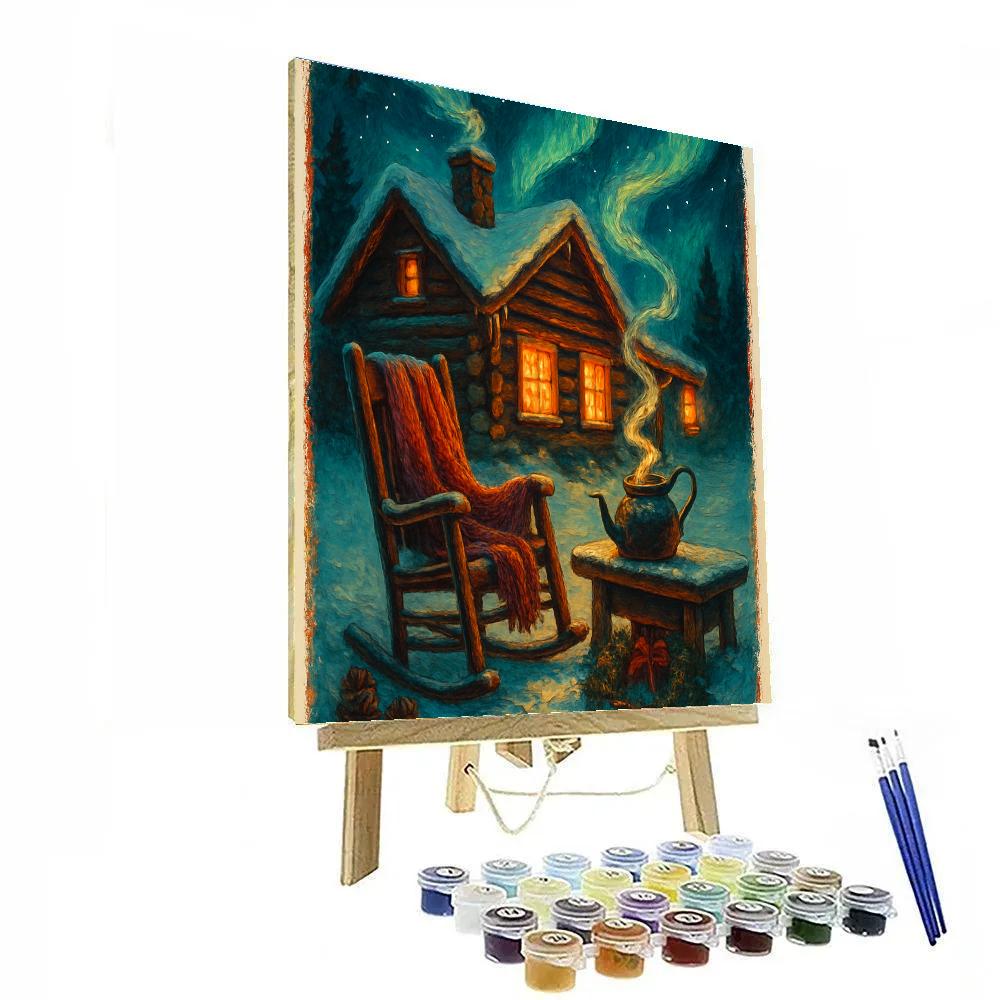 Midnight Cocoa Cabin With Aurora Steam painting number kit
