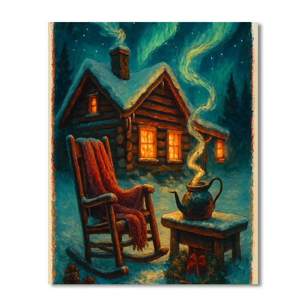Midnight Cocoa Cabin With Aurora Steam painting number kit