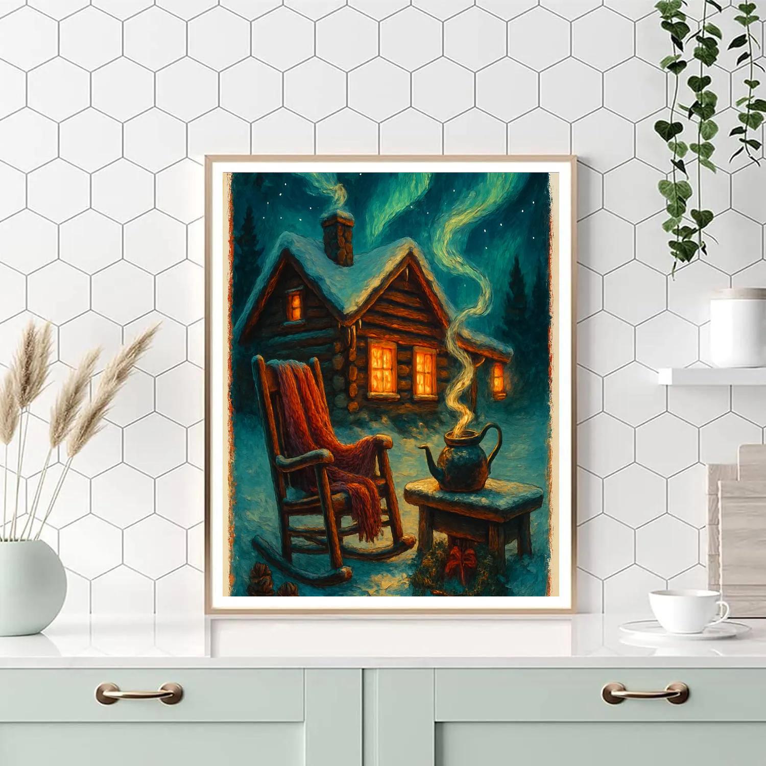 Midnight Cocoa Cabin With Aurora Steam painting number kit
