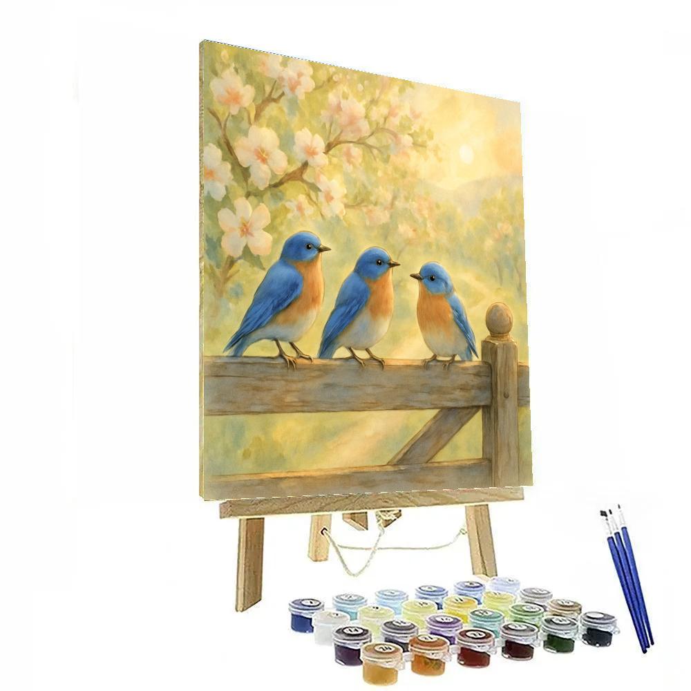 Bluebirds On The Sunlit Orchard Gate DIY paint by numbers