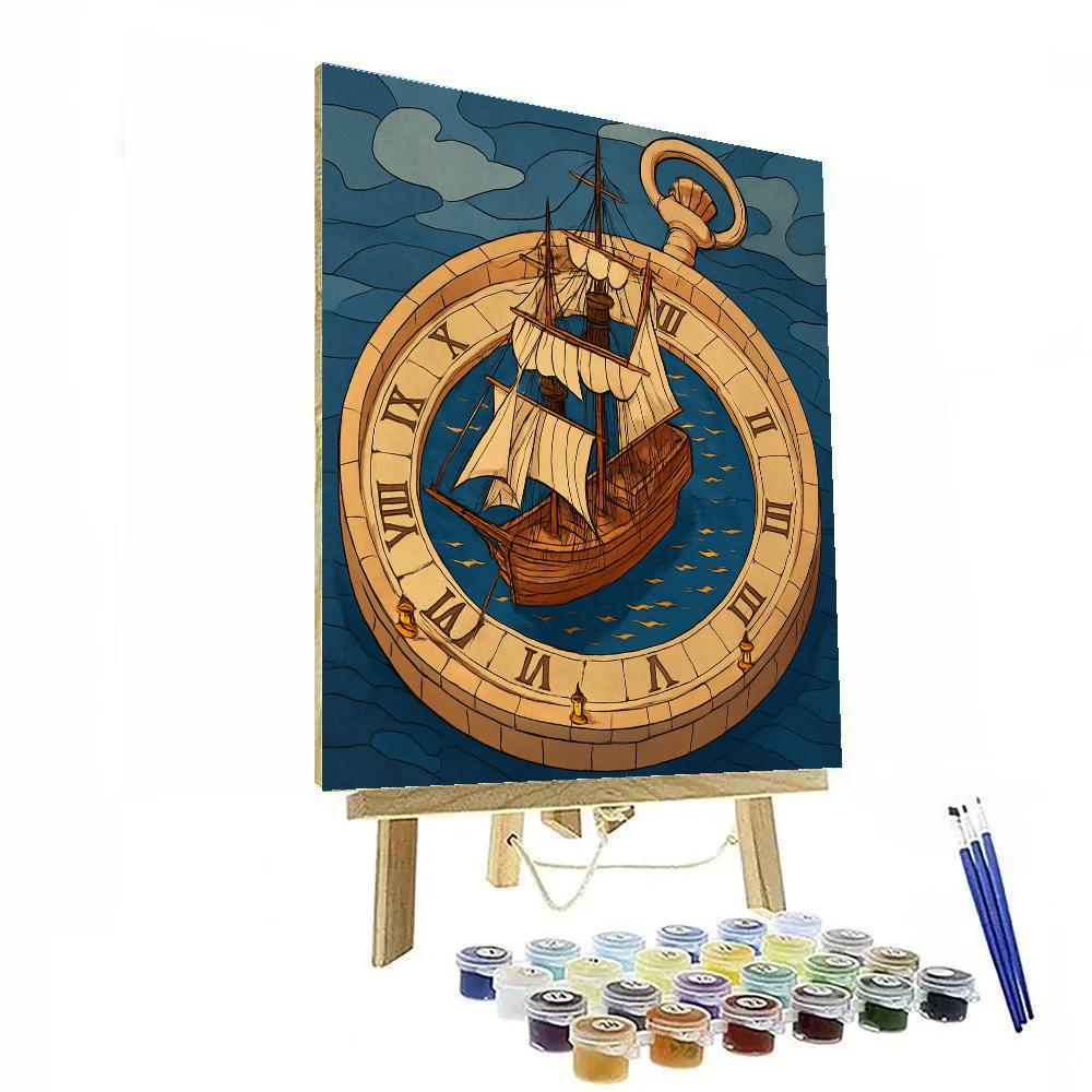 Clockwork Harbor With Tall Ship Silhouette paint by number