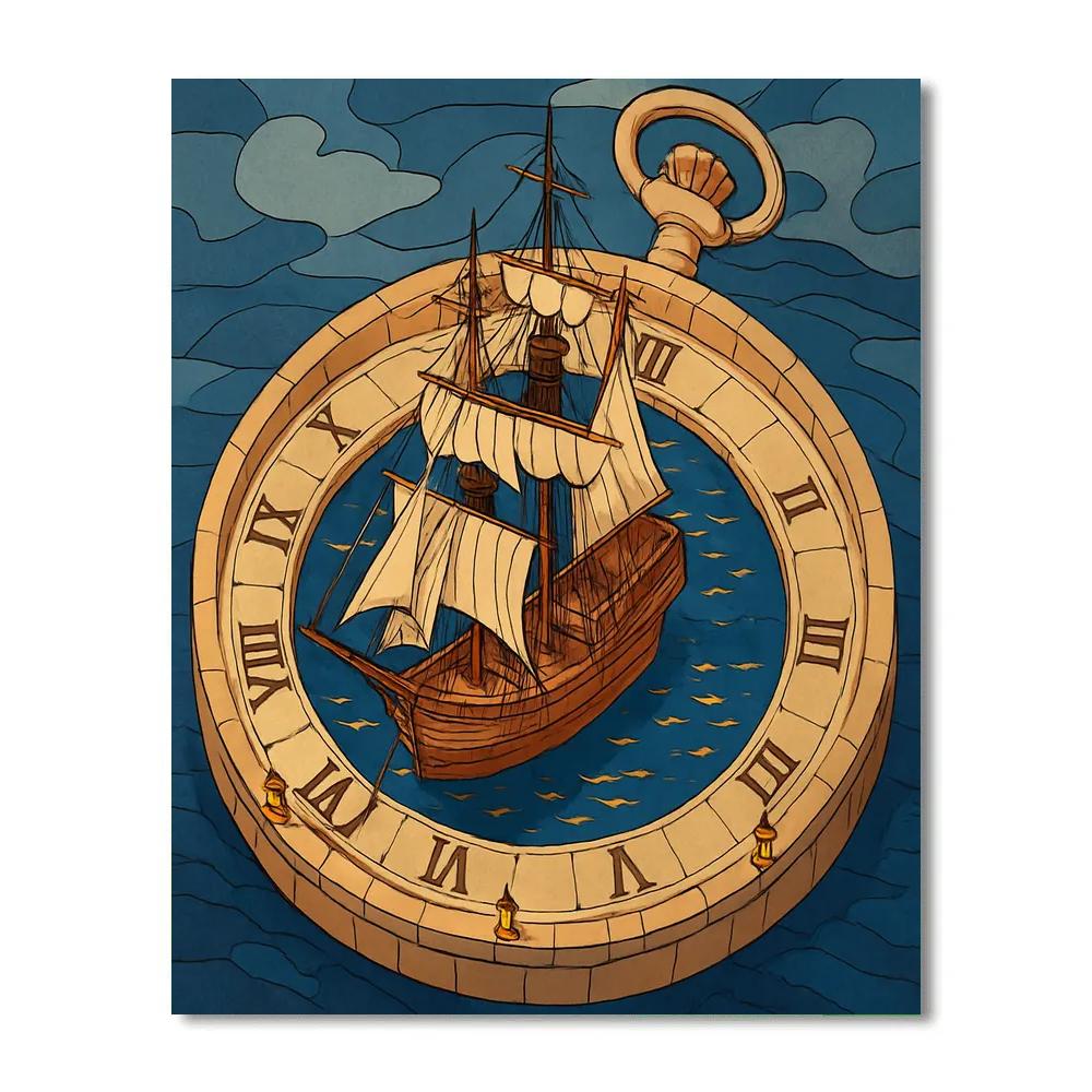 Clockwork Harbor With Tall Ship Silhouette paint by number