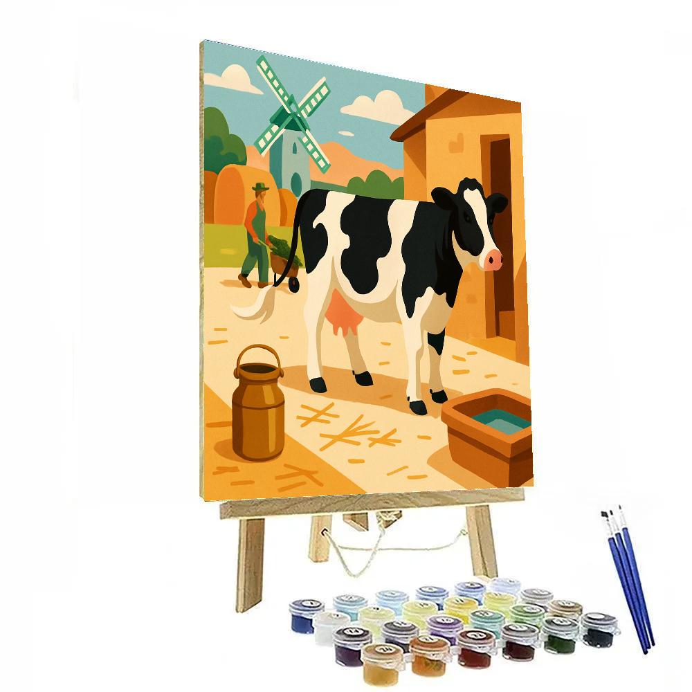 Windmill Courtyard With Cow And Herb Cart DIY paint by numbers