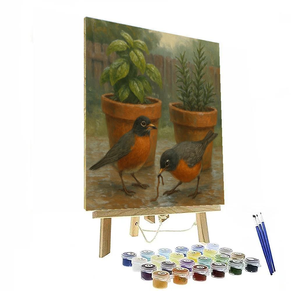 Robins Among Rain Washed Herb Pots Number painting
