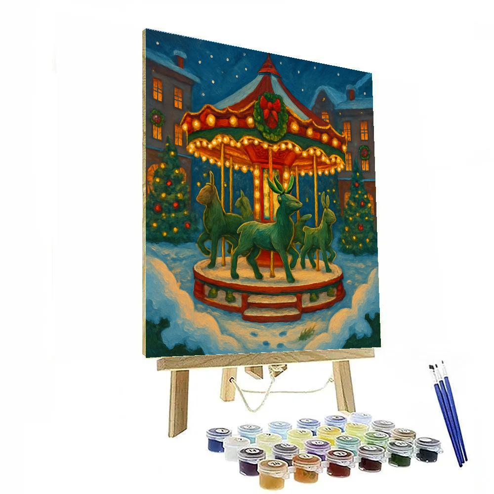 The Evergreen Carousel In Snowy Town Square painting number kit