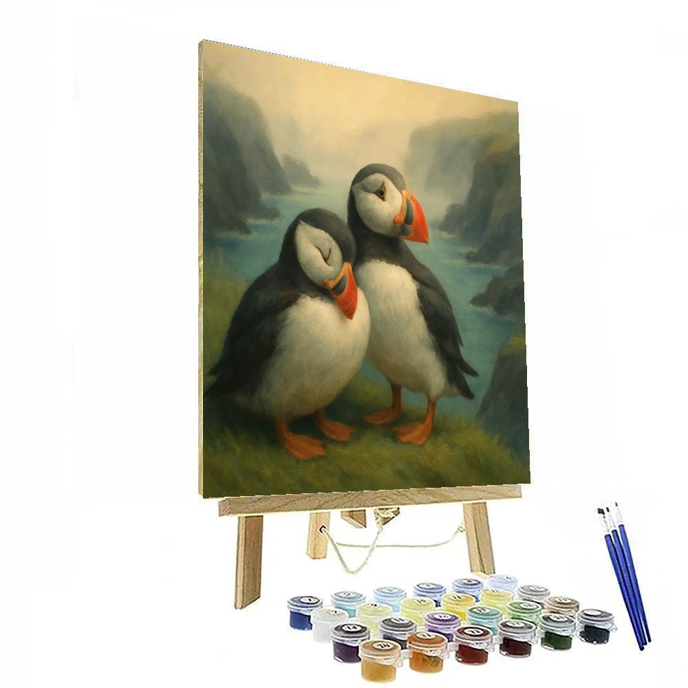 Puffins On The Foggy Sea Cliff Hearth paint by numbers