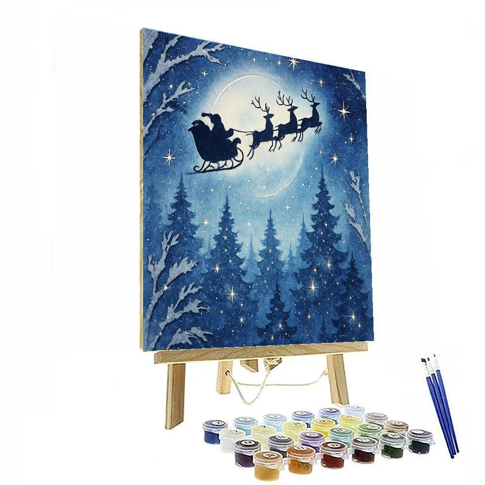 Santa Sleigh Silhouette Above Crystal Pines Number painting