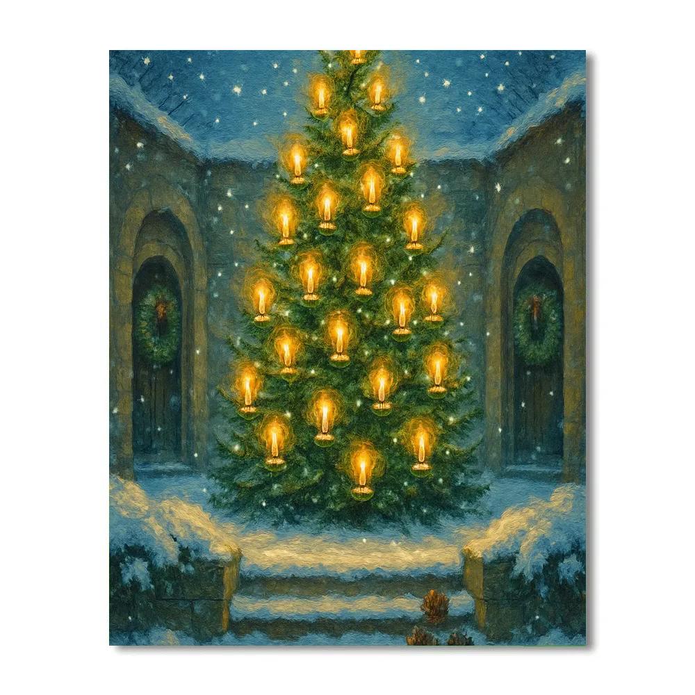 Candlelit Tree In A Snowy Courtyard DIY paint by numbers