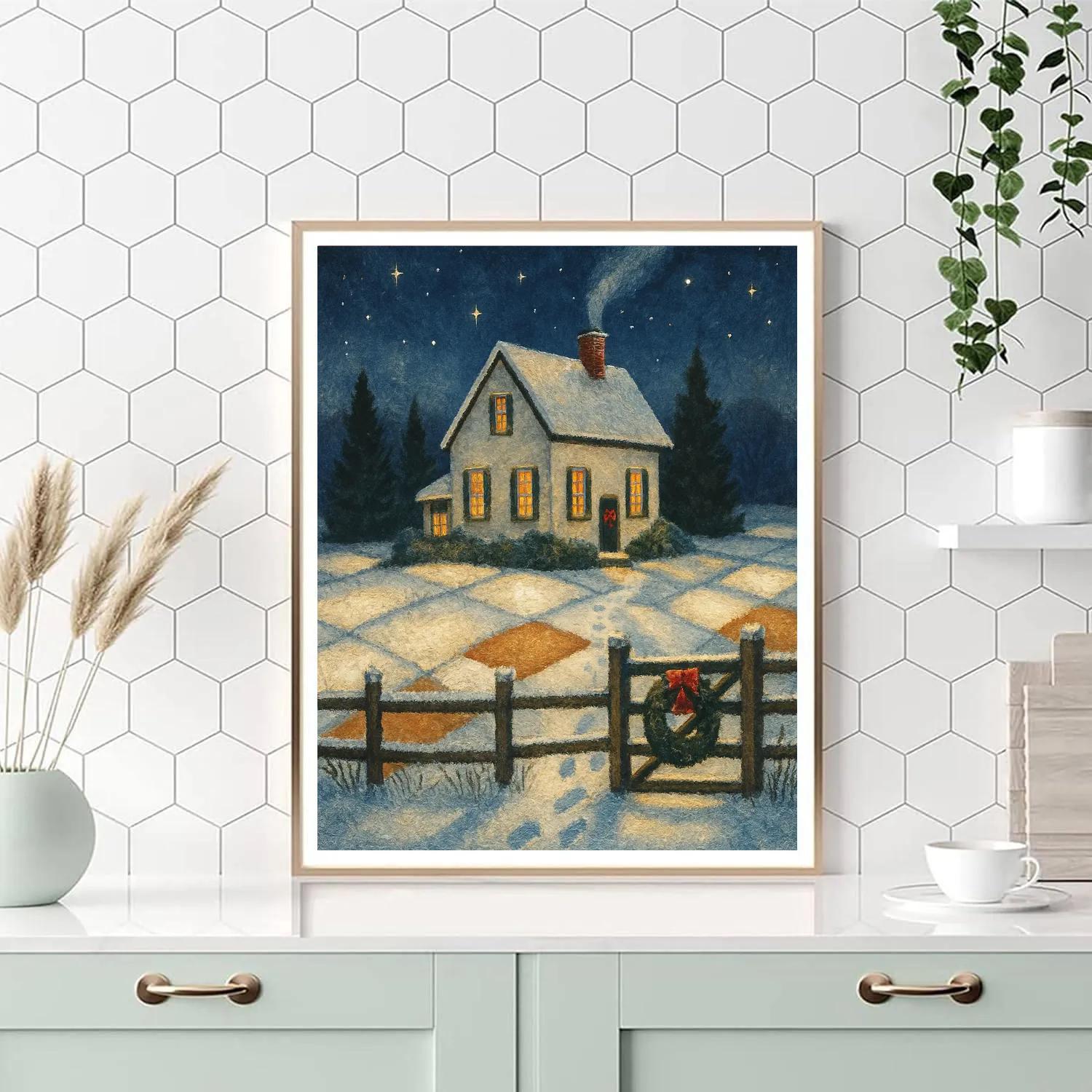 Snowy Farmhouse With Quilted Light Fields Paint by numbers kits