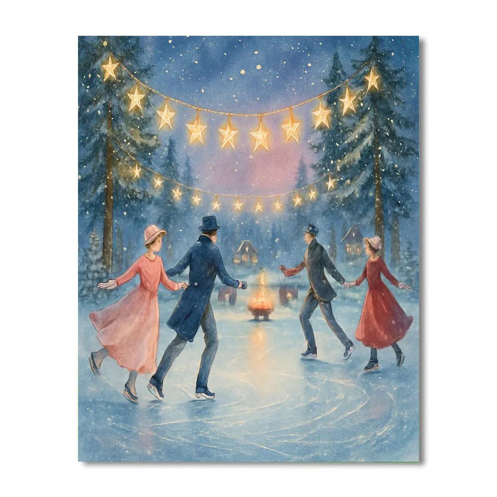 Ice Skaters Under Hanging Star Garlands painting number kit