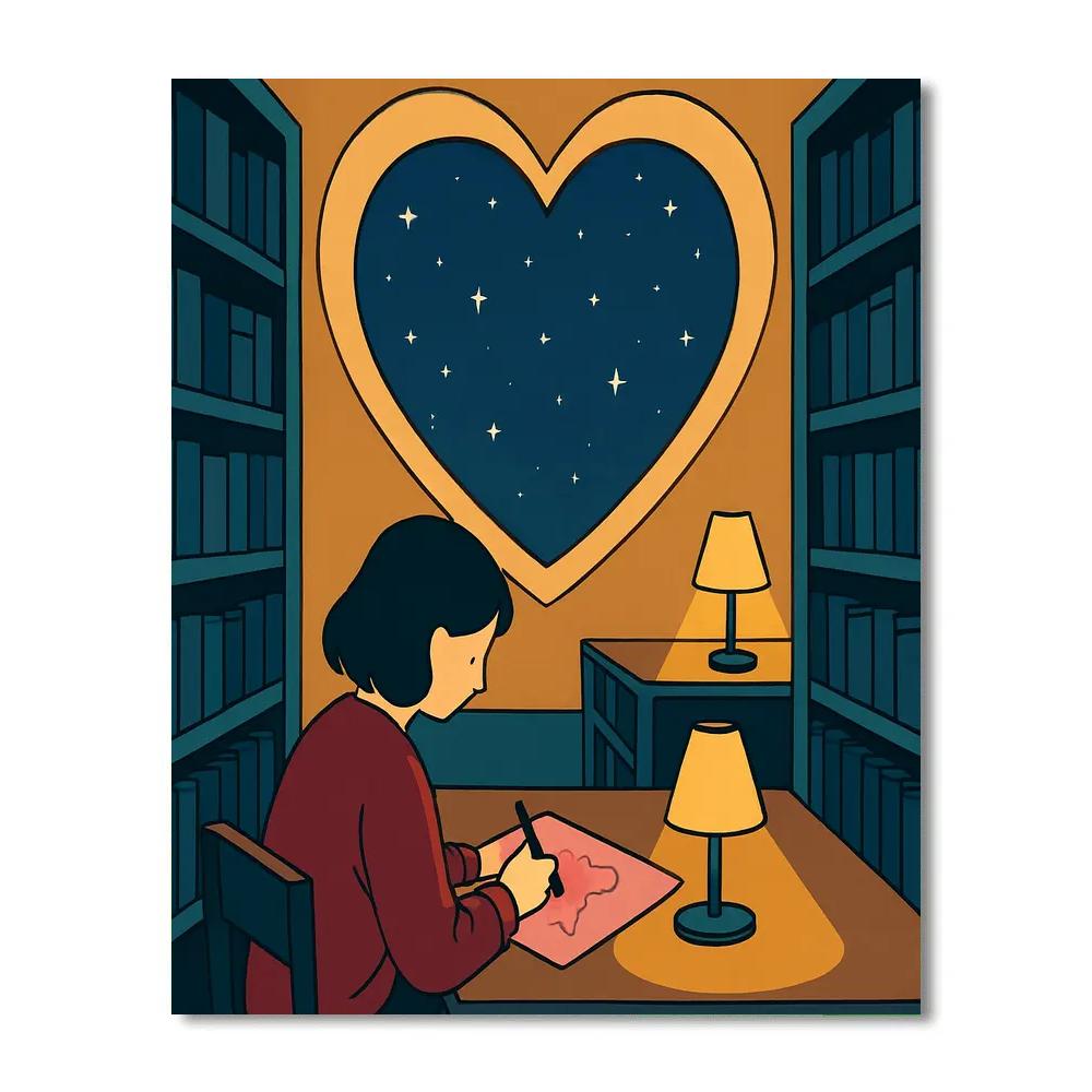 Midnight Library Window Valentines Day Glow Paint by numbers art