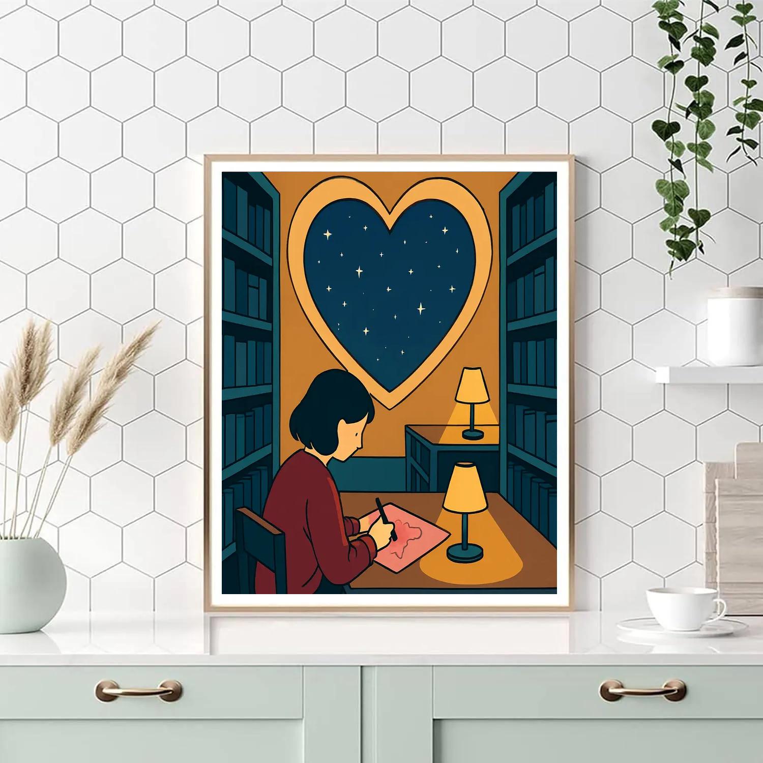 Midnight Library Window Valentines Day Glow Paint by numbers art