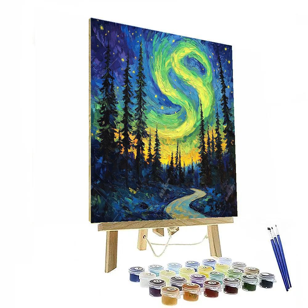Van Gogh Inspired Aurora Over Pine Forest Paint by numbers art