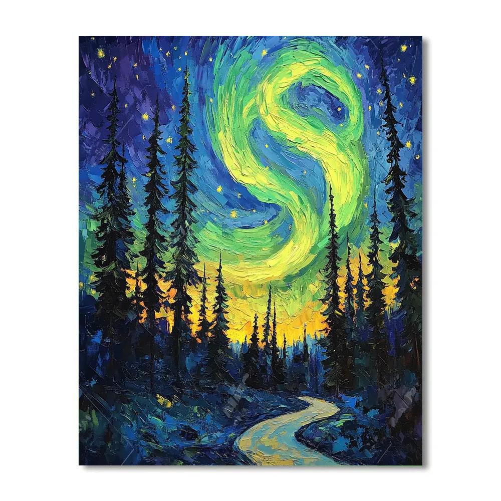 Van Gogh Inspired Aurora Over Pine Forest Paint by numbers art
