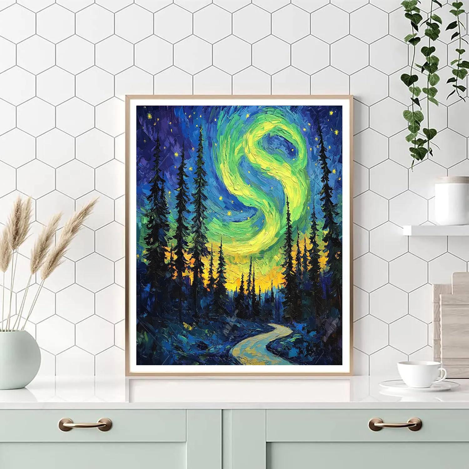 Van Gogh Inspired Aurora Over Pine Forest Paint by numbers art