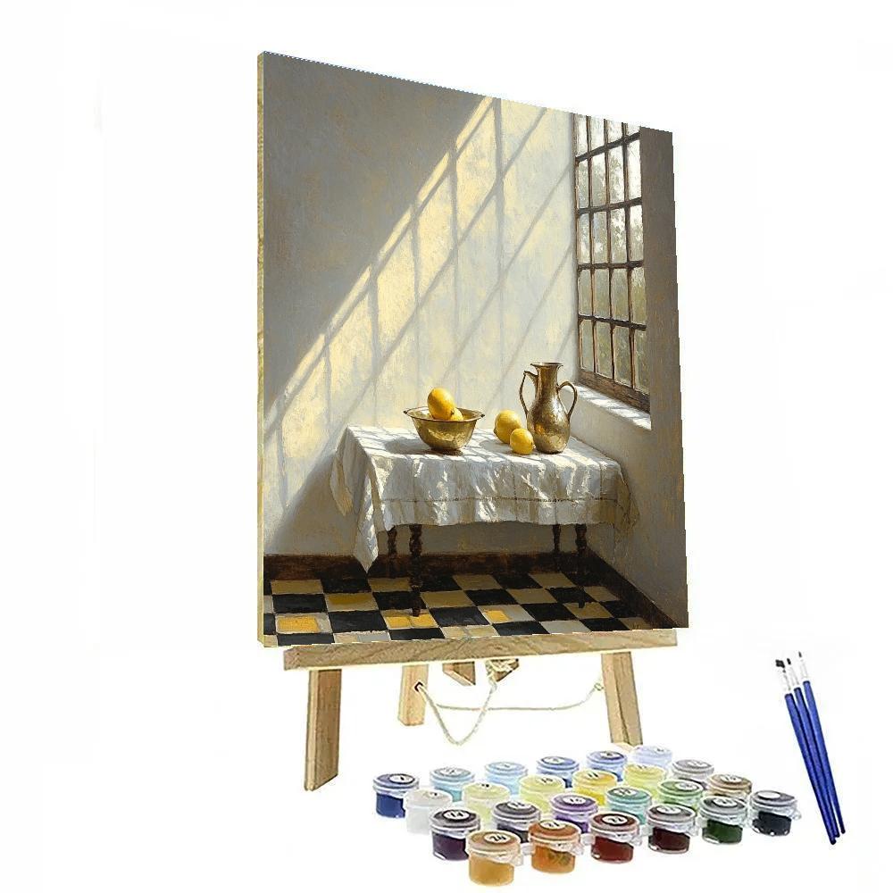 Johannes Vermeer Inspired Sunbeam On Tiled Floor With Brass Basin Painting by numbers kit