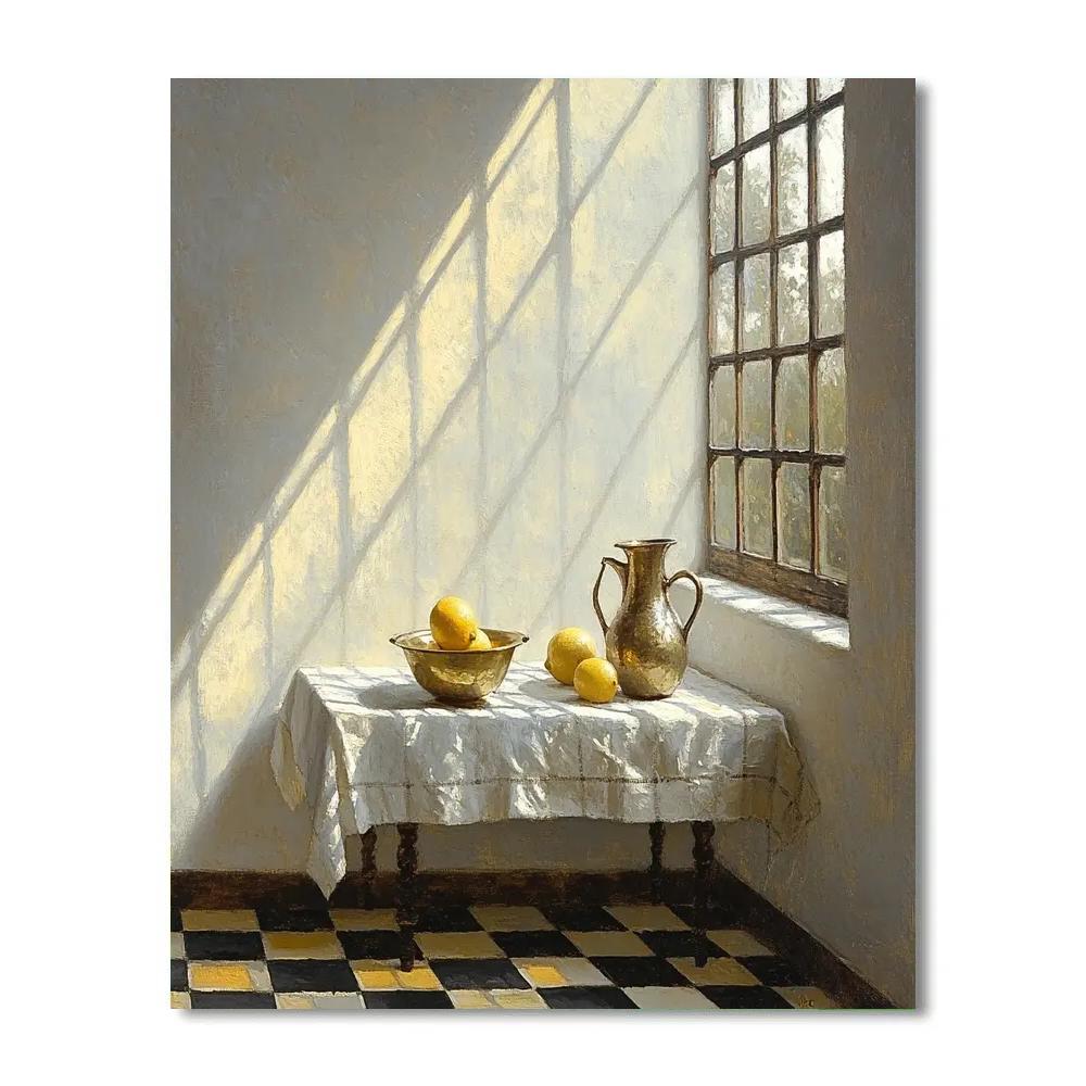 Johannes Vermeer Inspired Sunbeam On Tiled Floor With Brass Basin Painting by numbers kit