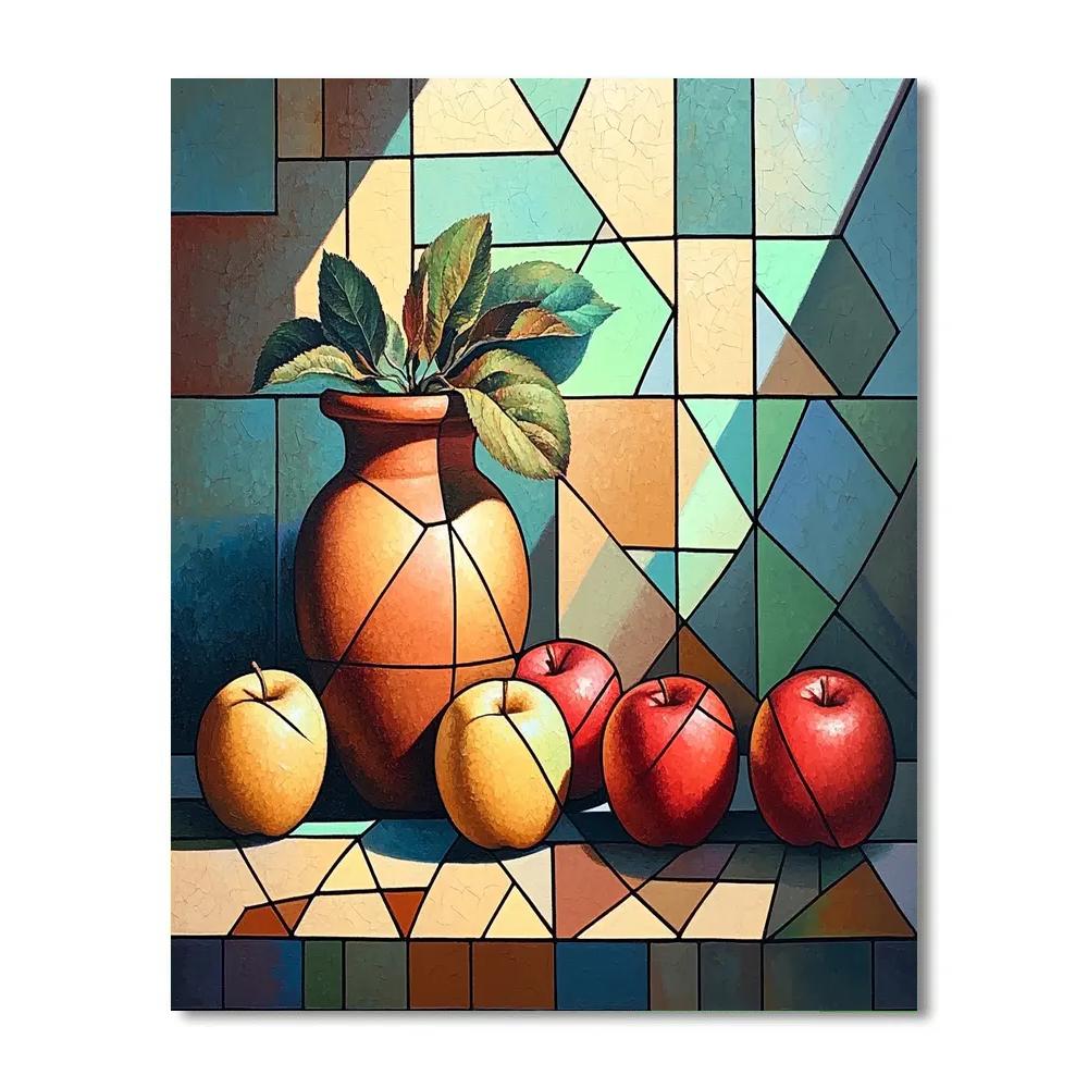 Pablo Picasso Inspired Cubist Orchard Still Life Of Apples And Terracotta Vase Paint by numbers art