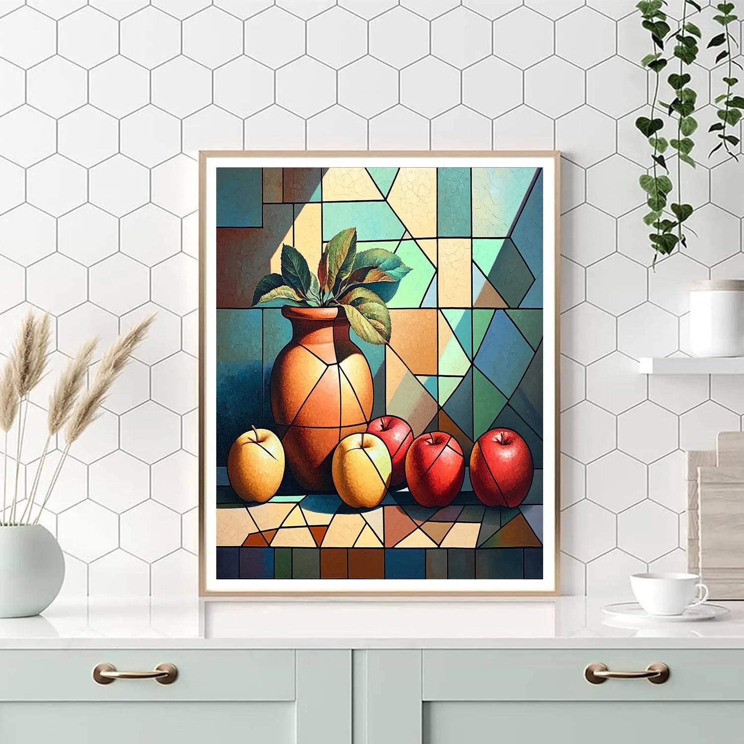 Pablo Picasso Inspired Cubist Orchard Still Life Of Apples And Terracotta Vase Paint by numbers art