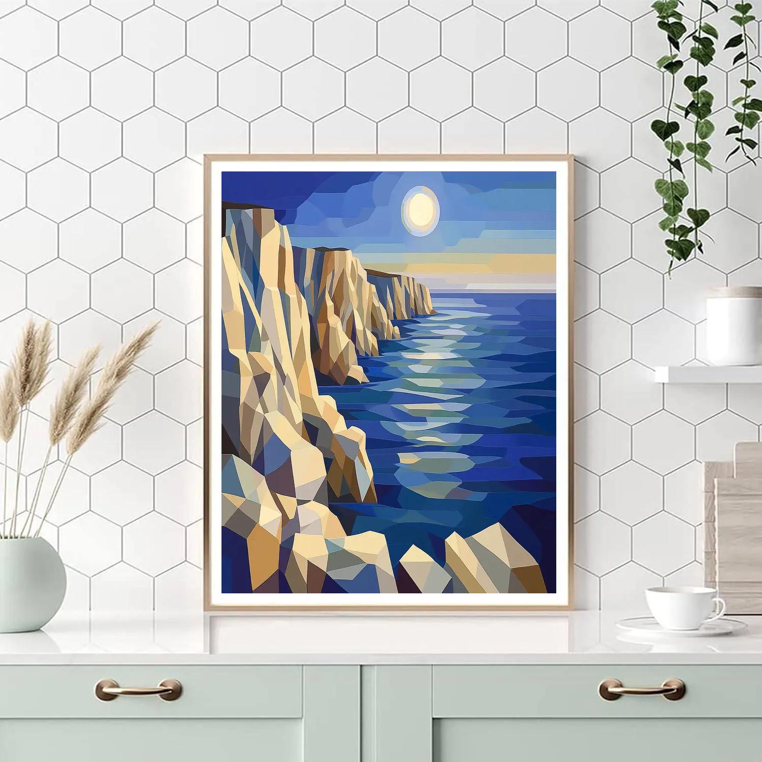 Pablo Picasso Inspired Fractured Coastal Cliffs Under A Cubist Moon painting number kit