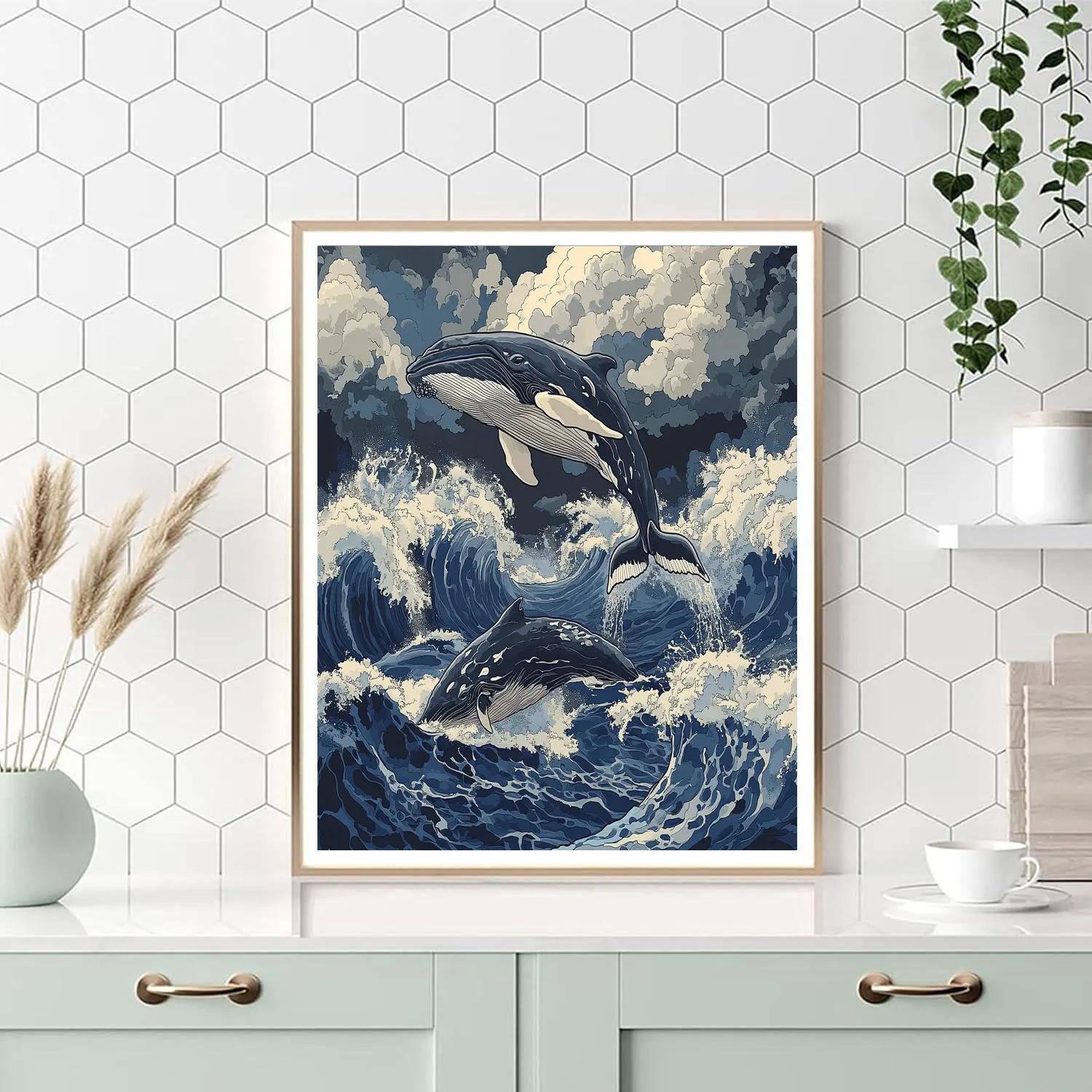 Katsushika Hokusai Inspired Stormy Ocean With Whales paint by numbers