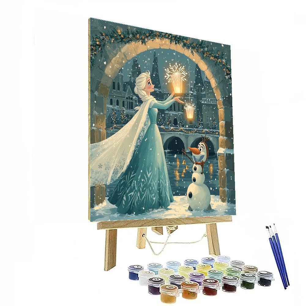 Elsa And Olaf Lanterns Over The Frosted Castle Canal Paint by numbers kits