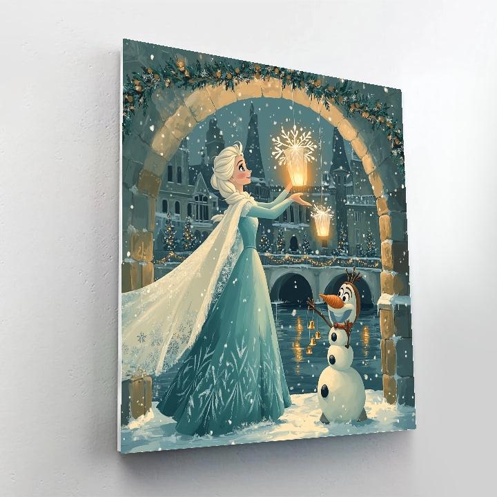 Elsa And Olaf Lanterns Over The Frosted Castle Canal Paint by numbers kits
