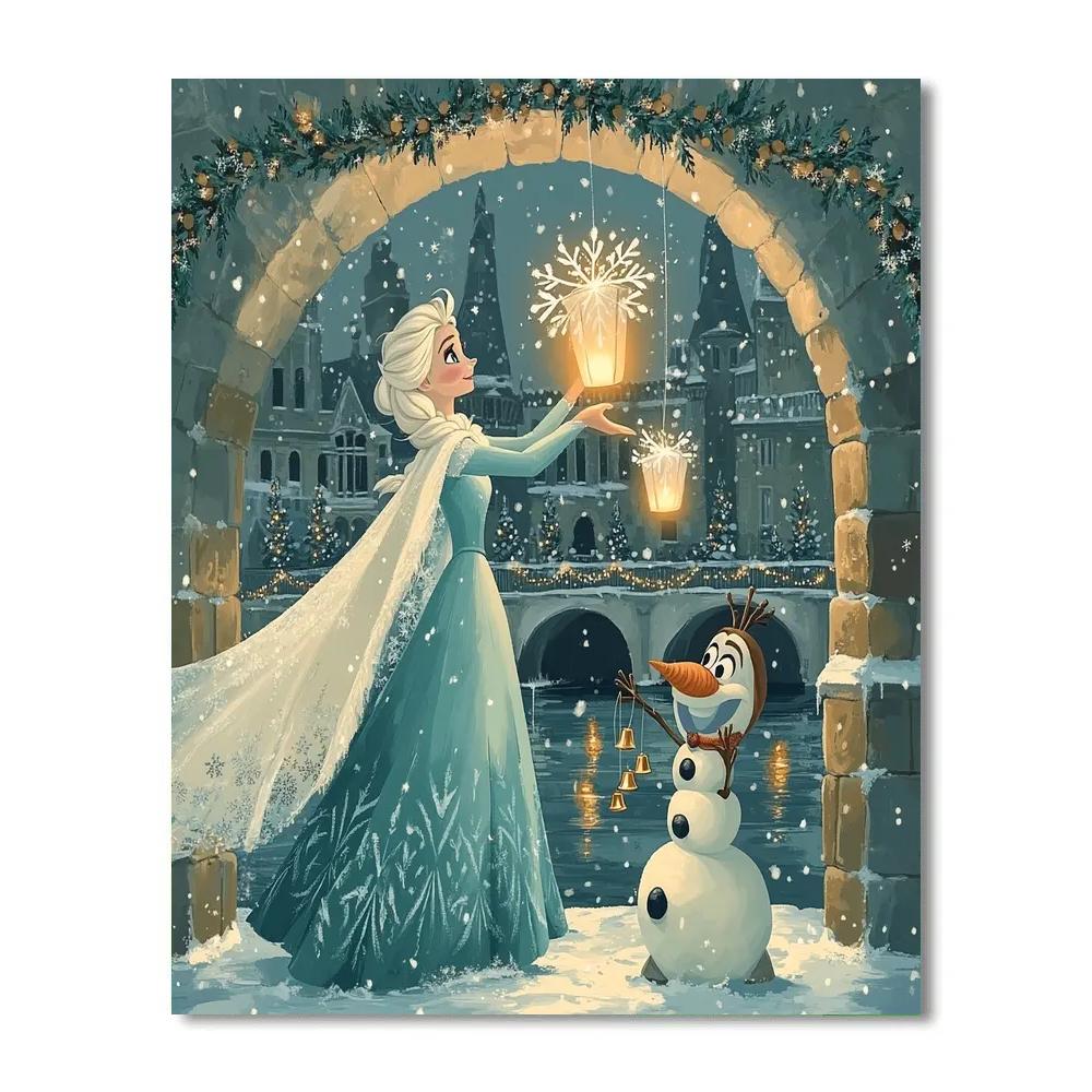 Elsa And Olaf Lanterns Over The Frosted Castle Canal Paint by numbers kits