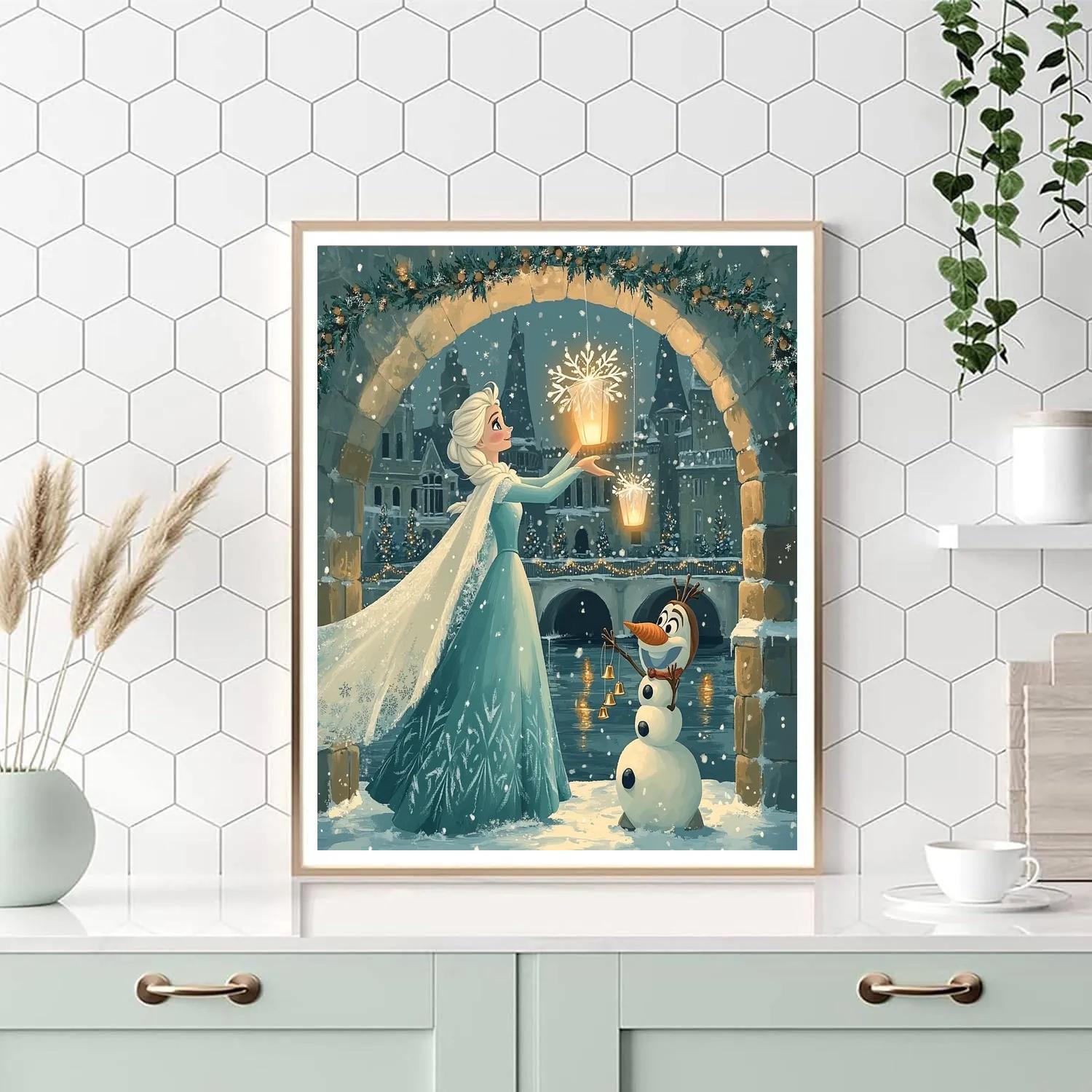 Elsa And Olaf Lanterns Over The Frosted Castle Canal Paint by numbers kits