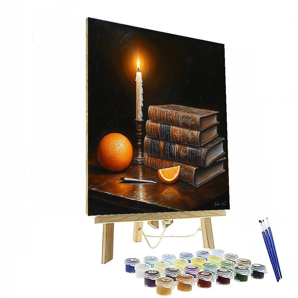 Rembrandt Inspired Candlelit Library Still Life Paint by numbers art