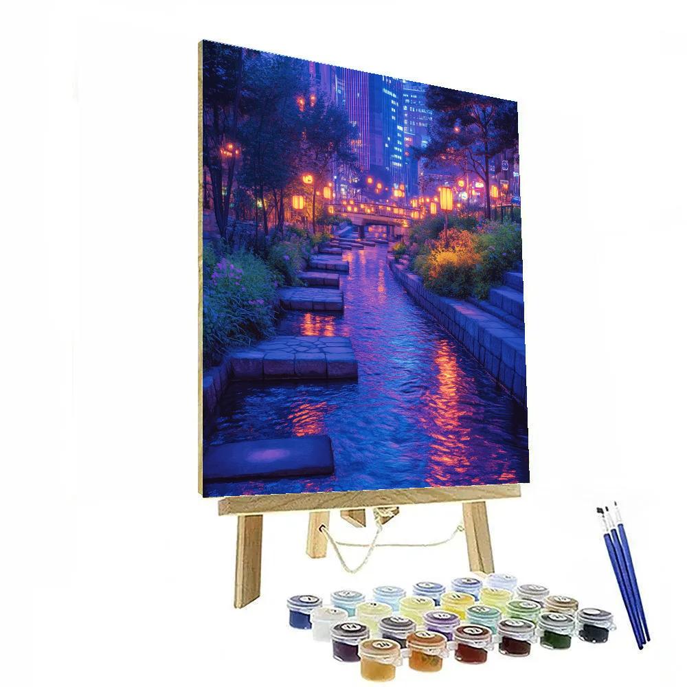 Cheonggyecheon Stream Night Lights Seoul South Korea paint by color