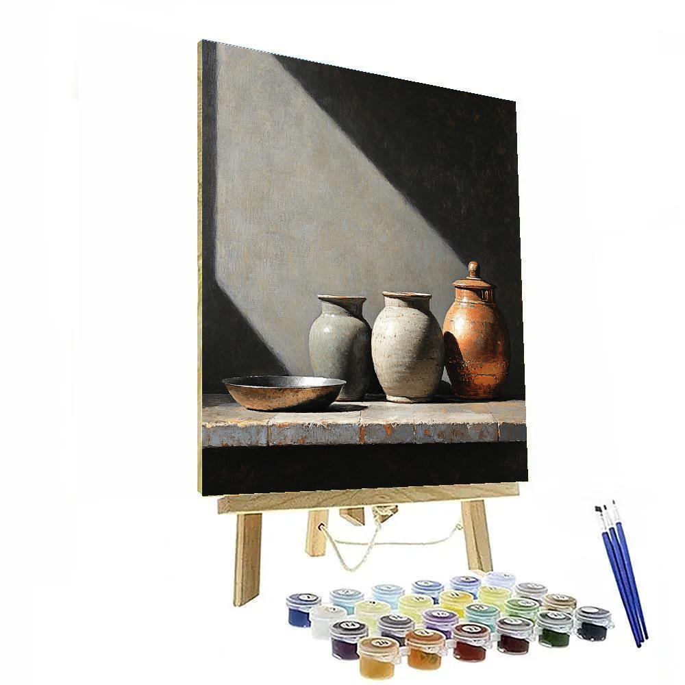 Diego Velázquez Inspired Silvery Bodegon Of Earthenware Jars And Copper Gleam paint by color