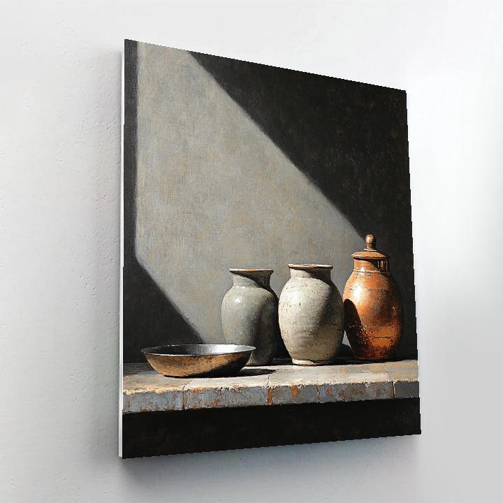 Diego Velázquez Inspired Silvery Bodegon Of Earthenware Jars And Copper Gleam paint by color