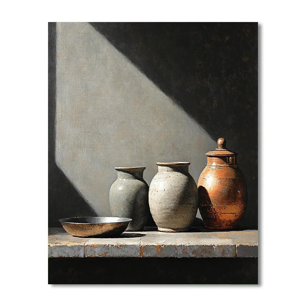 Diego Velázquez Inspired Silvery Bodegon Of Earthenware Jars And Copper Gleam paint by color