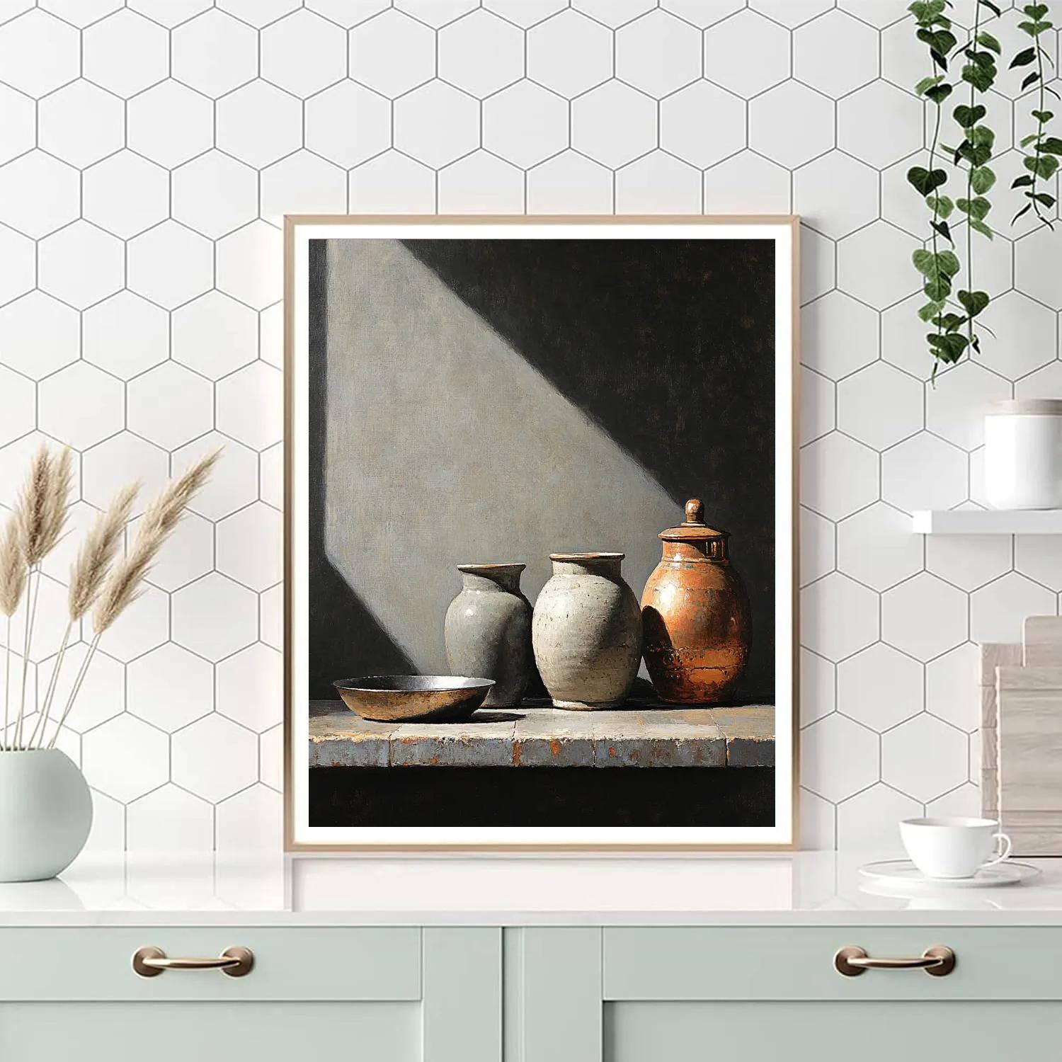 Diego Velázquez Inspired Silvery Bodegon Of Earthenware Jars And Copper Gleam paint by color