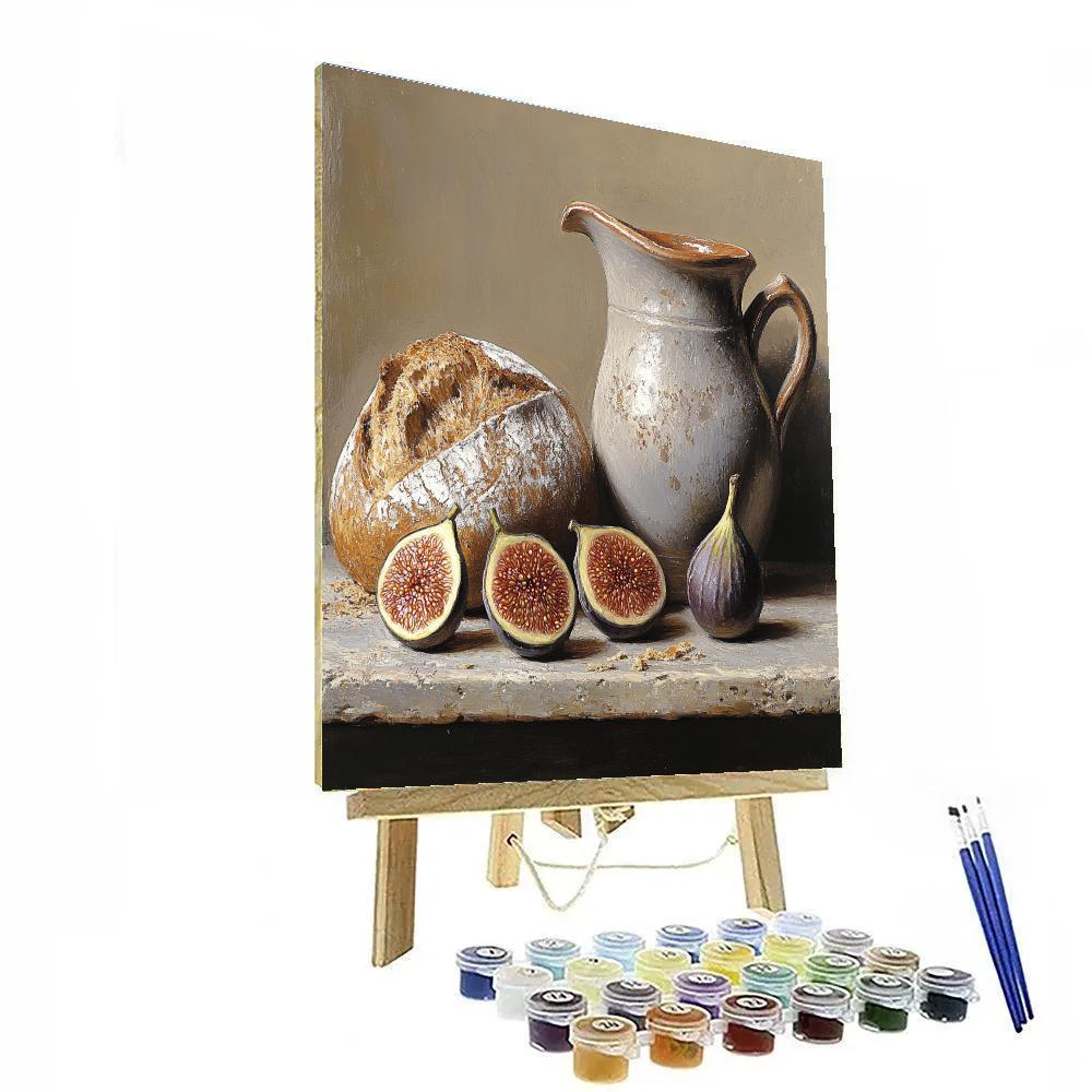 Diego Velázquez Inspired Market Still Life Of Figs Bread And Ceramic Pitcher In Quiet Dusk Paint by numbers art