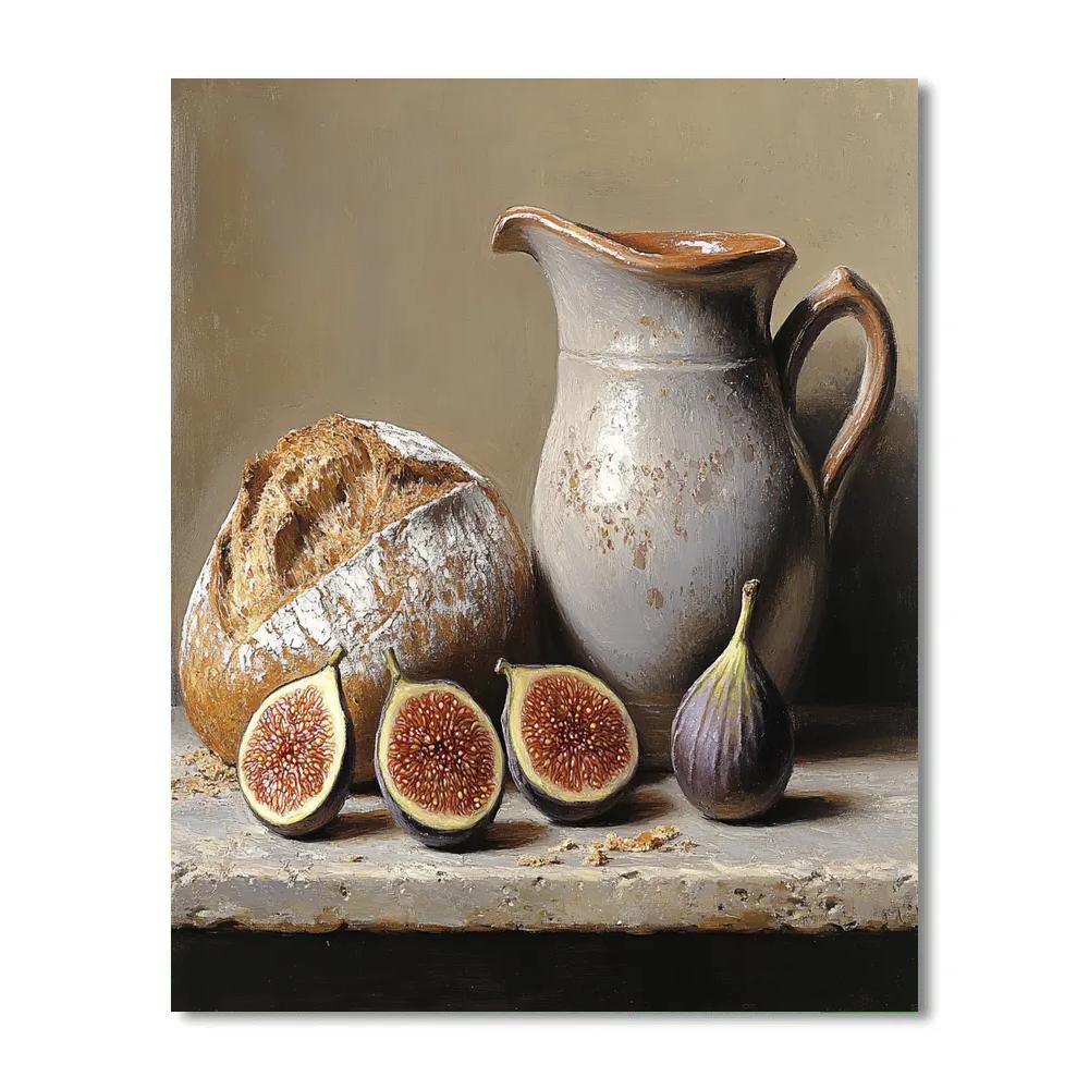 Diego Velázquez Inspired Market Still Life Of Figs Bread And Ceramic Pitcher In Quiet Dusk Paint by numbers art