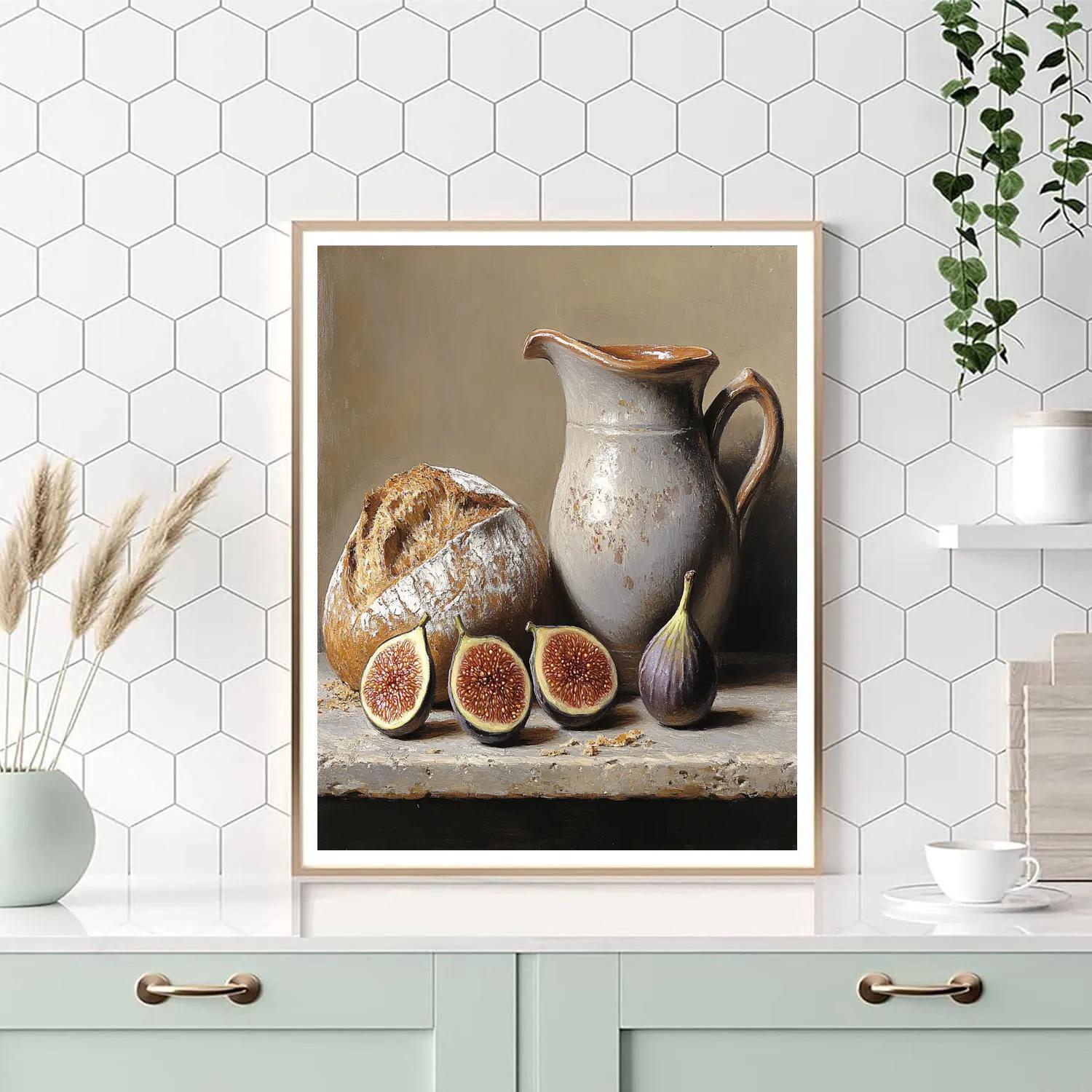 Diego Velázquez Inspired Market Still Life Of Figs Bread And Ceramic Pitcher In Quiet Dusk Paint by numbers art