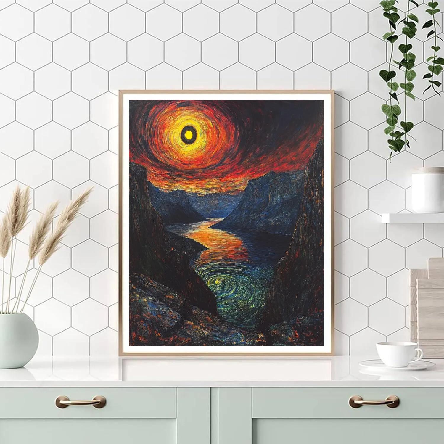 Edvard Munch Inspired Fjord Eclipse Over Trembling Cliffs Number painting