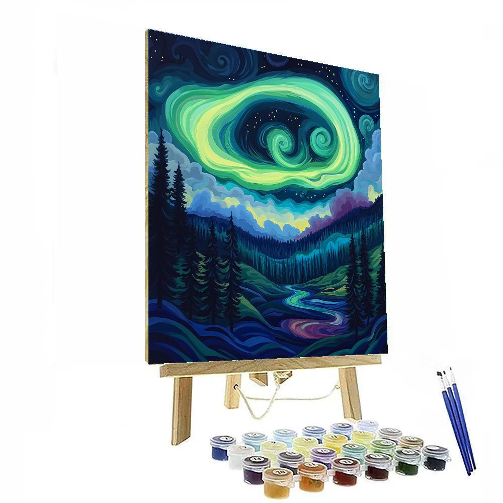 Edvard Munch Inspired Aurora Storm Above Whispering Pine Valley Painting by numbers kit