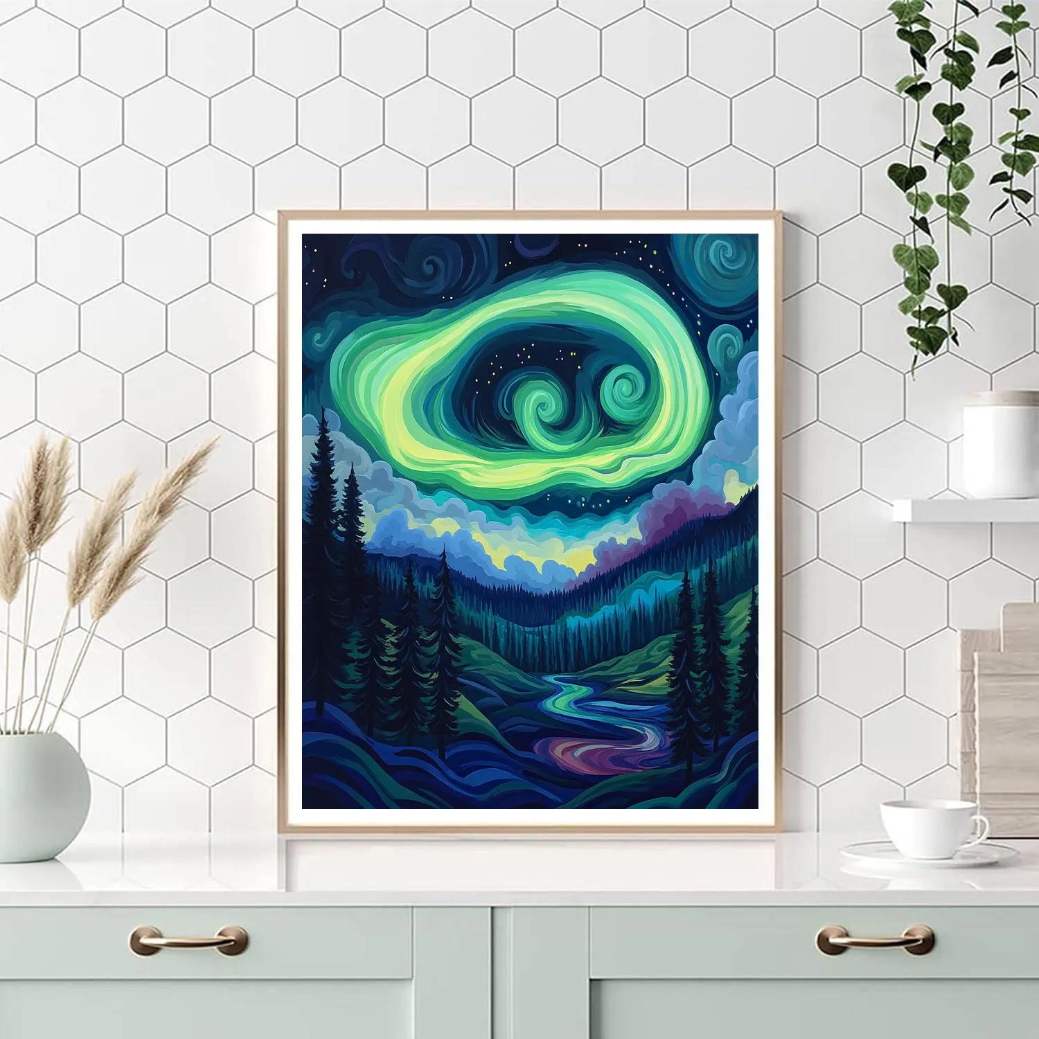 Edvard Munch Inspired Aurora Storm Above Whispering Pine Valley Painting by numbers kit