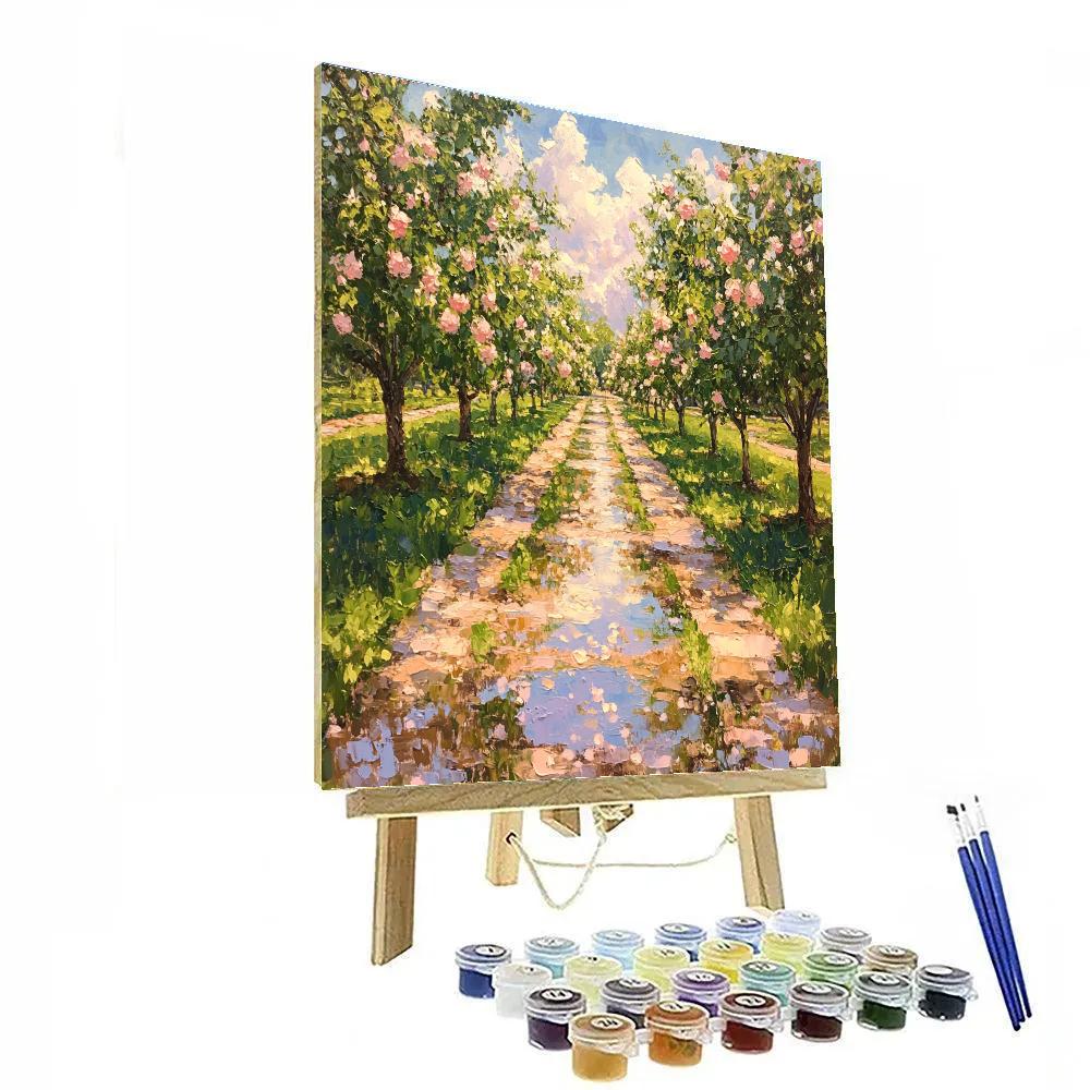 Claude Monet Inspired Spring Orchard After Rain With Puddle Reflections paint by color