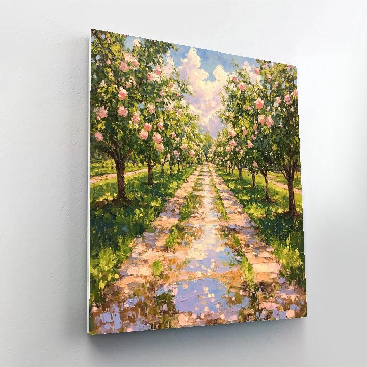 Claude Monet Inspired Spring Orchard After Rain With Puddle Reflections paint by color