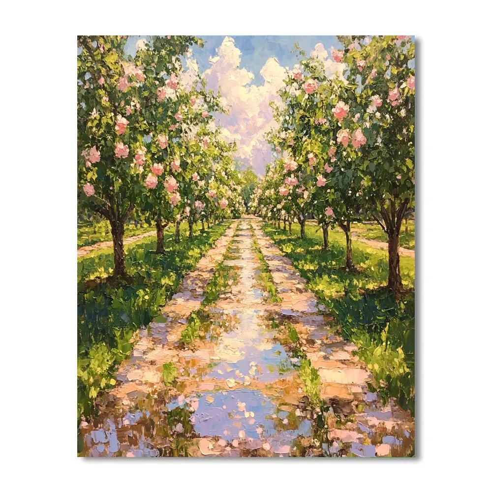 Claude Monet Inspired Spring Orchard After Rain With Puddle Reflections paint by color