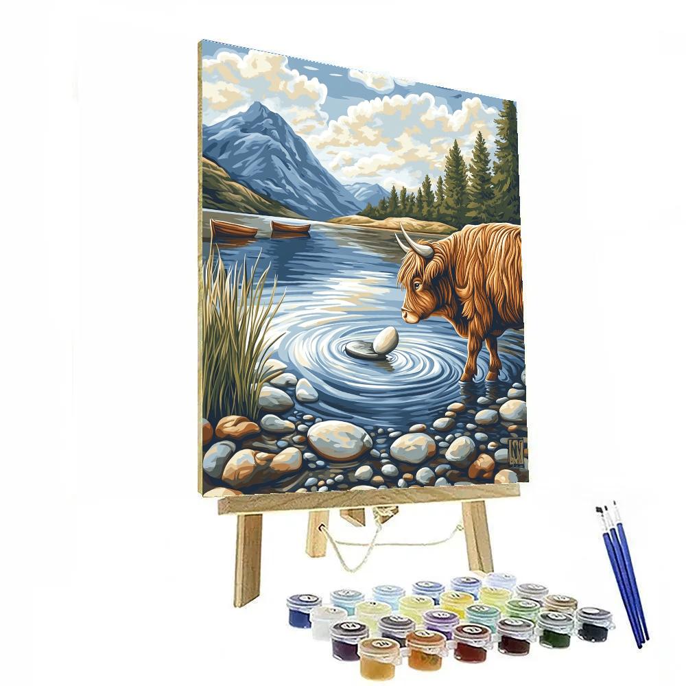 Highland Cow Skipping Stones At The Loch Paint by numbers kits