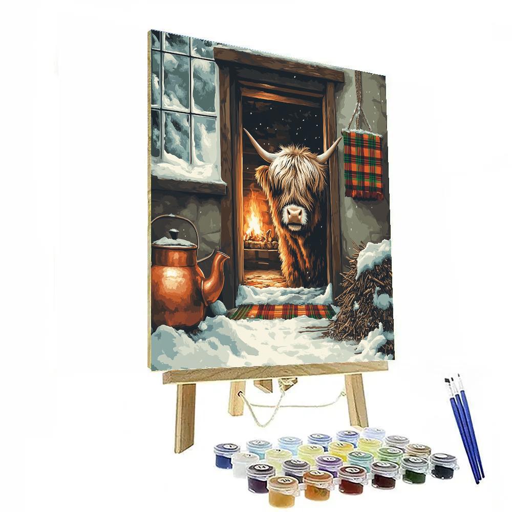 Winter Hearth With Highland Cow Visitor paint by number