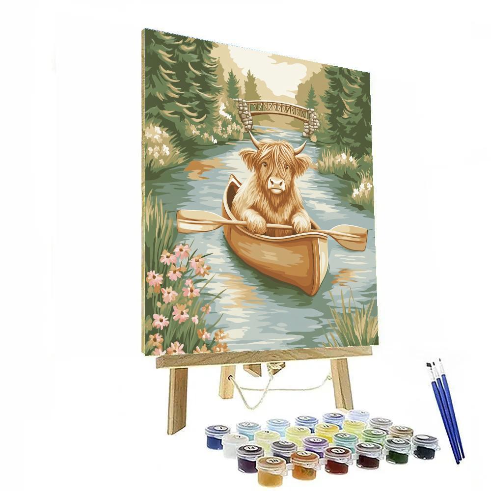 Highland Cow Canoe Guide On A River paint by color
