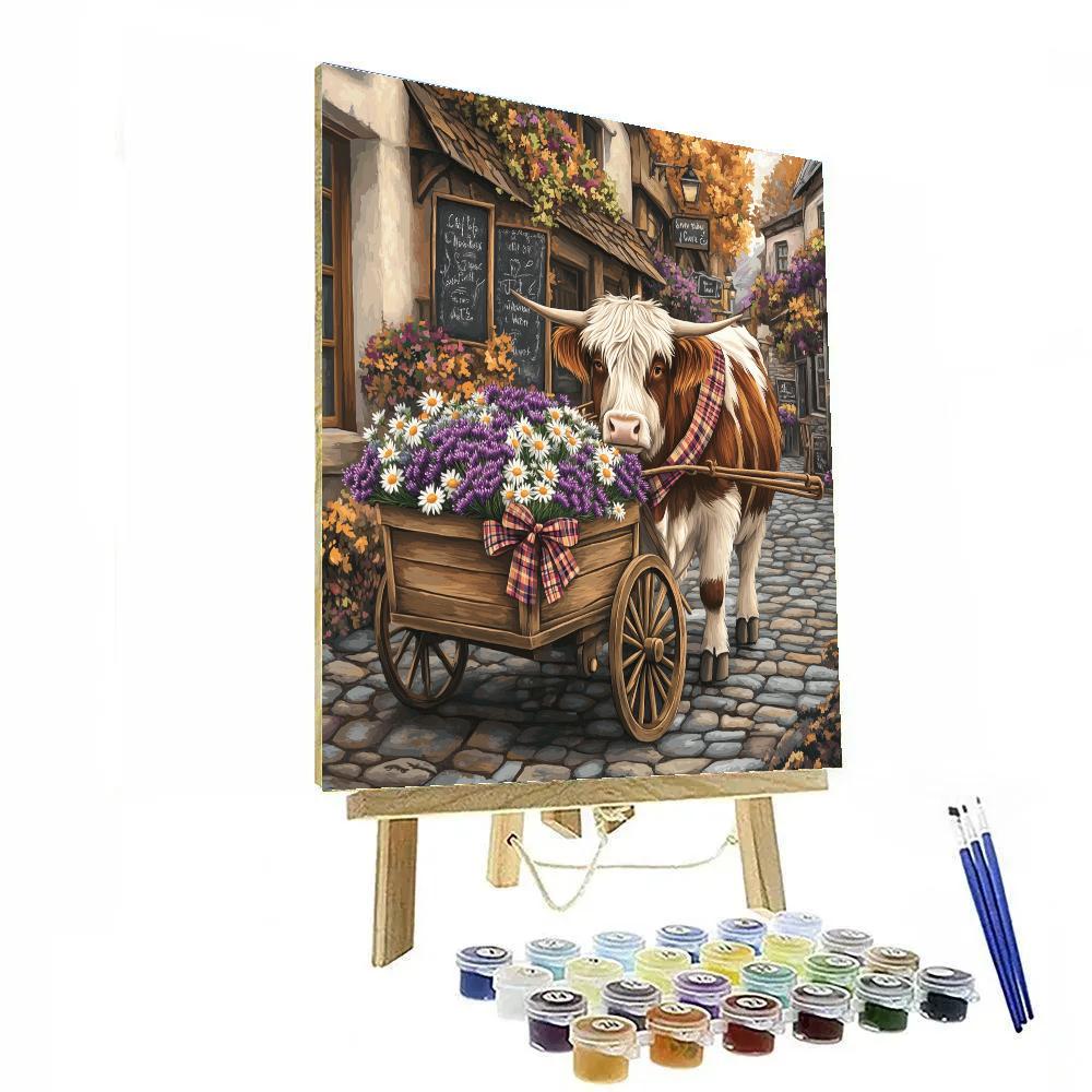 Highland Cow With The Market Flower Cart Painting by numbers kit