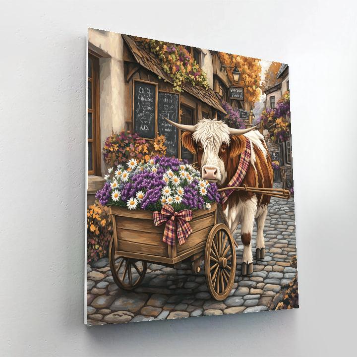 Highland Cow With The Market Flower Cart Painting by numbers kit